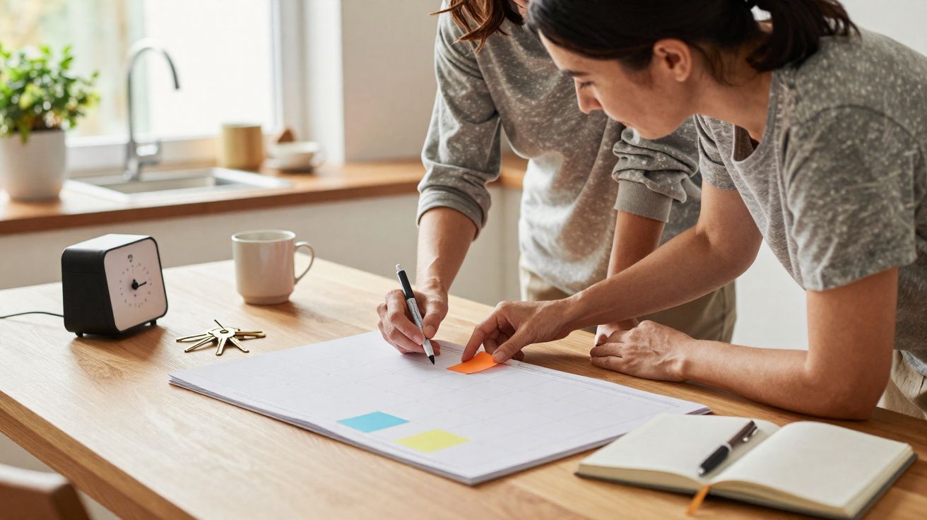 Duas pessoas a planear um calendário na mesa, com caneca, relógio, e caderno aberto.