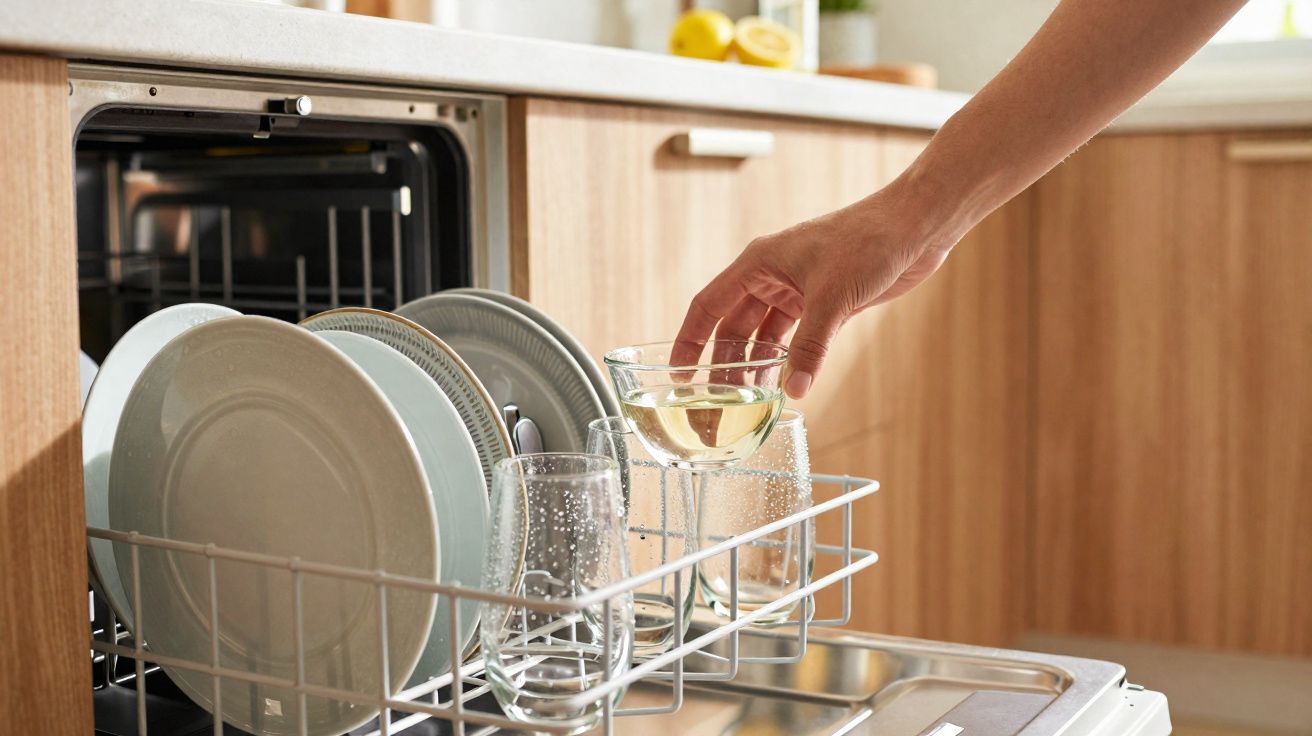Pessoa a retirar copo de vidro da máquina de lavar loiça com pratos e copos no interior.