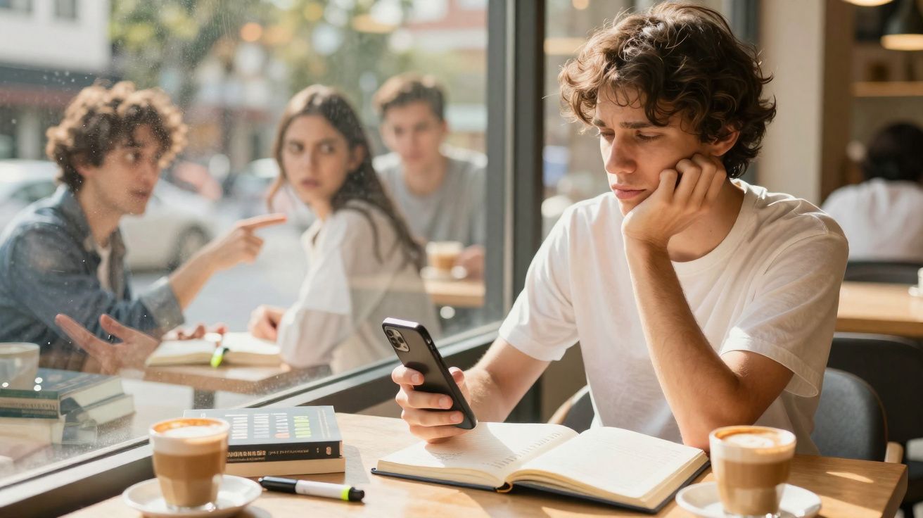 Jovem sentado numa mesa de café a olhar para o telemóvel enquanto outros quatro jovens conversam ao fundo.