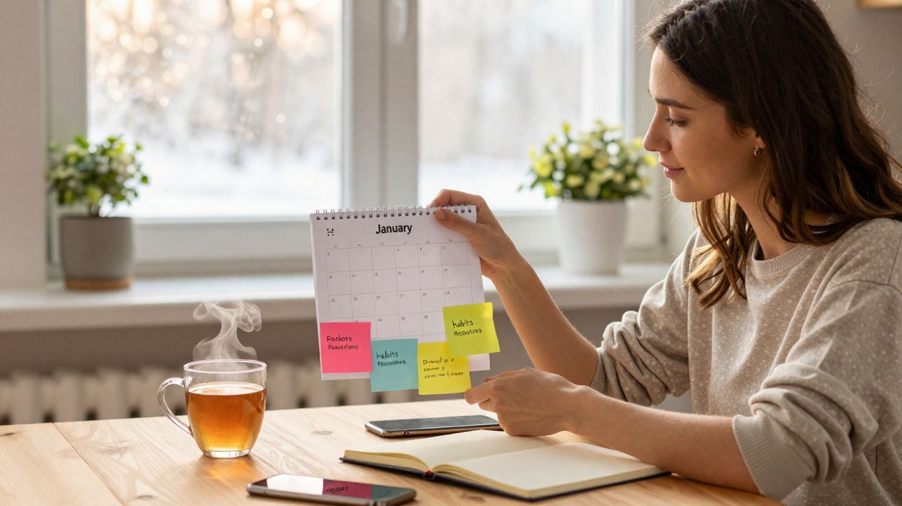 Mulher a planear o mês de janeiro num calendário, sentada à mesa com chá, telemóveis e caderno.