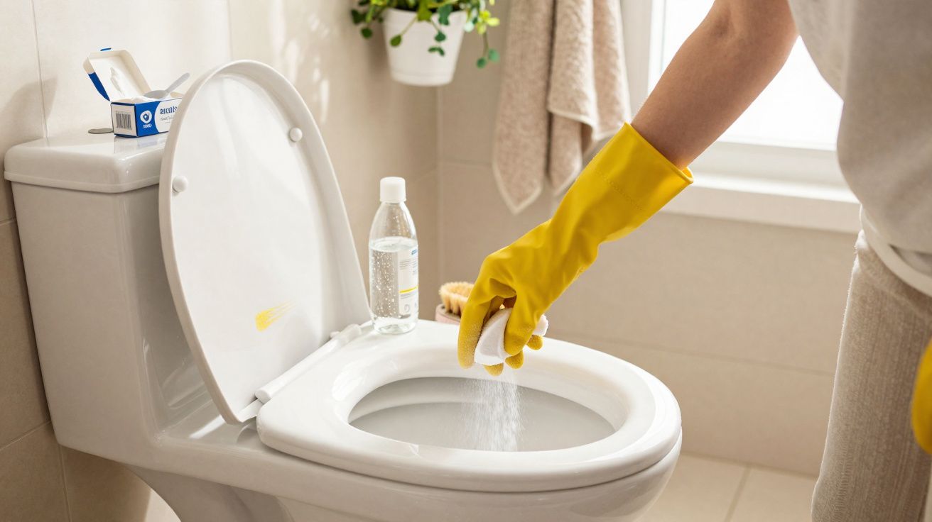 Pessoa com luvas amarelas a aplicar produto de limpeza numa sanita branca num casa de banho.