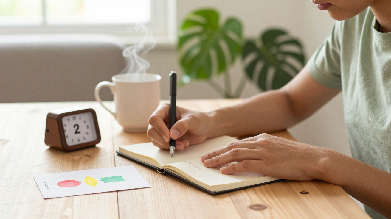 Pessoa a escrever num caderno numa mesa de madeira, com chá quente, relógio e planta ao fundo.