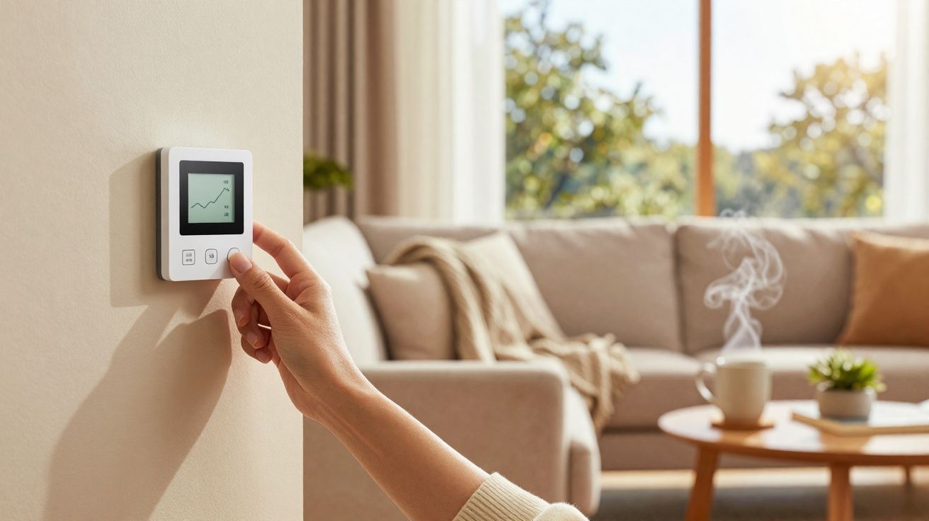 Mão a ajustar termóstato digital na parede com sala de estar iluminada e sofás ao fundo.