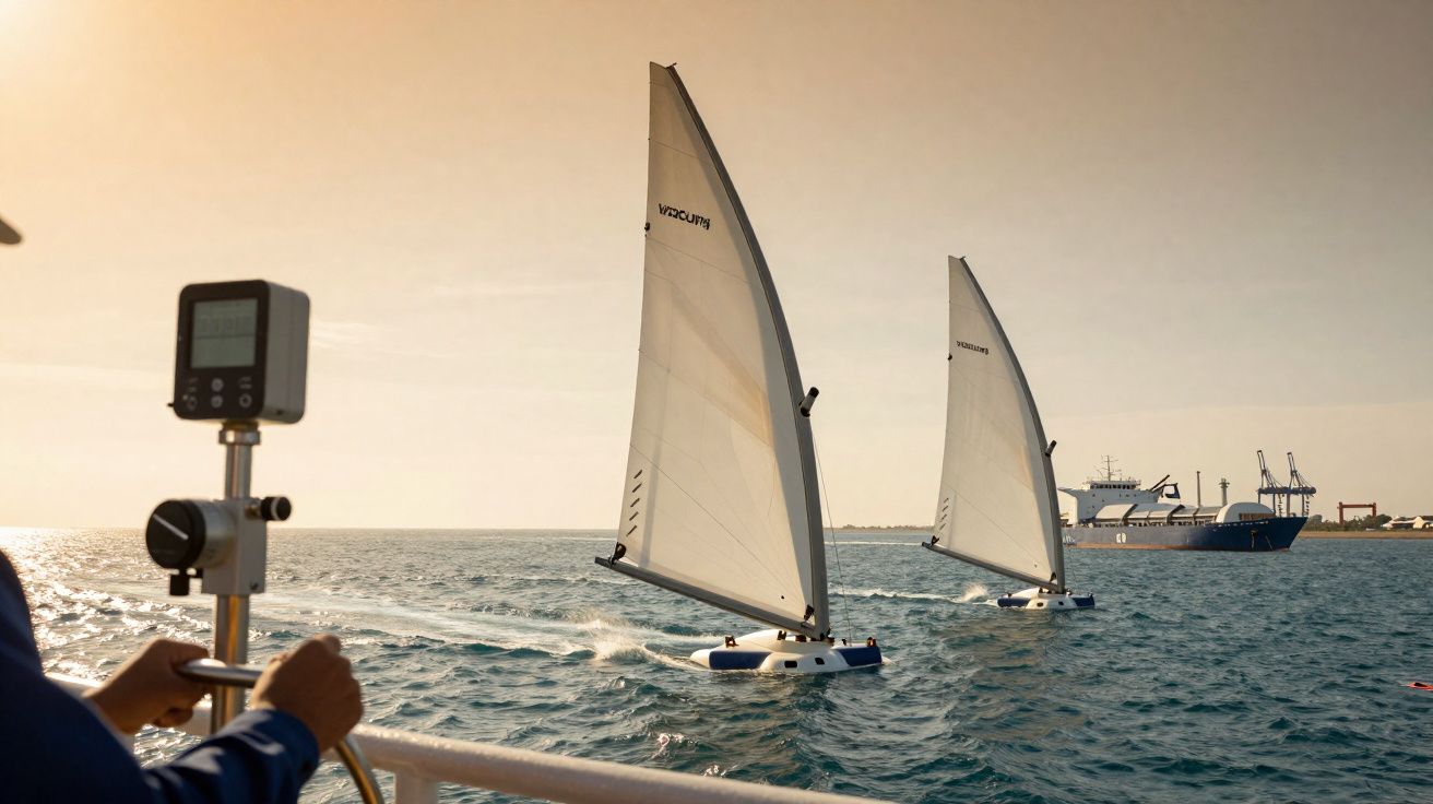 Dois barcos à vela a navegar no mar ao pôr do sol, vistos da popa de outra embarcação.