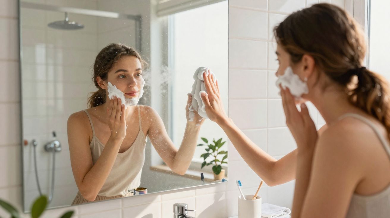 Mulher limpa espelho de casa de banho enquanto tem creme de barbear no rosto.