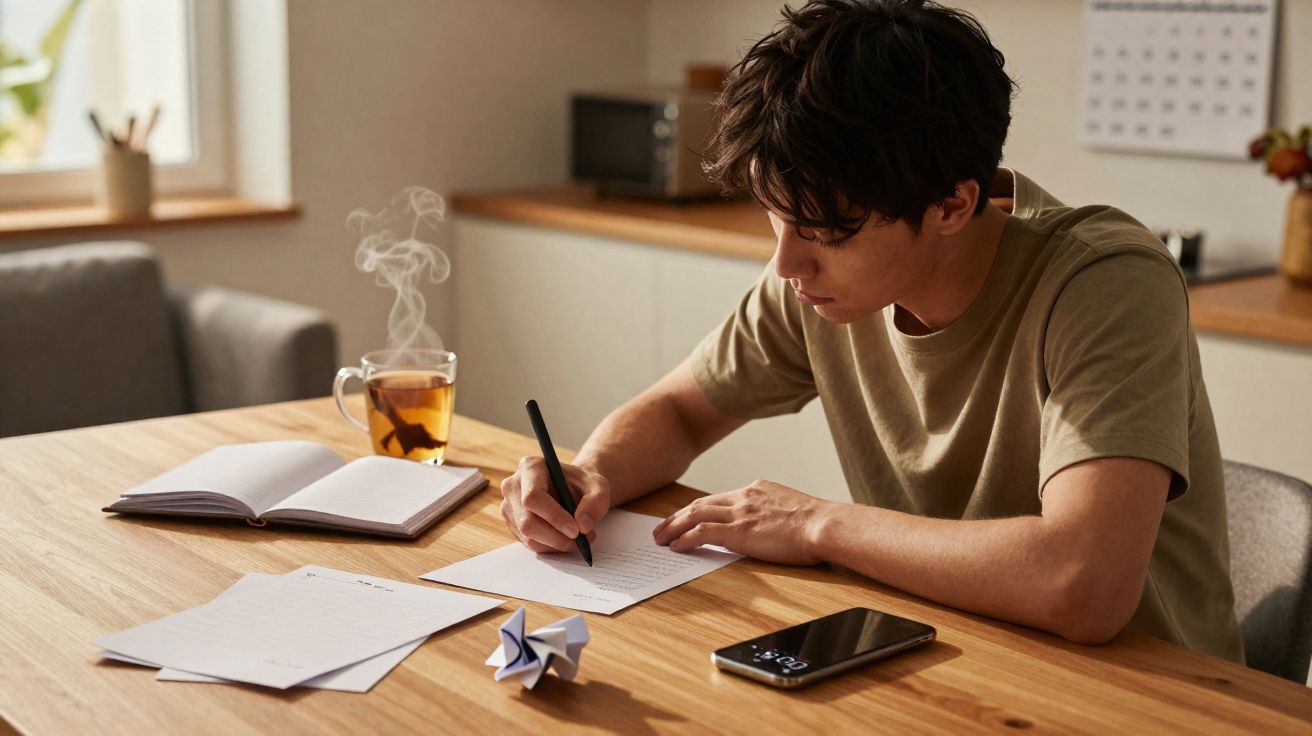 Jovem sentado à mesa, a escrever e rodeado por papel, chá a fumegar, telemóvel e caderno aberto.