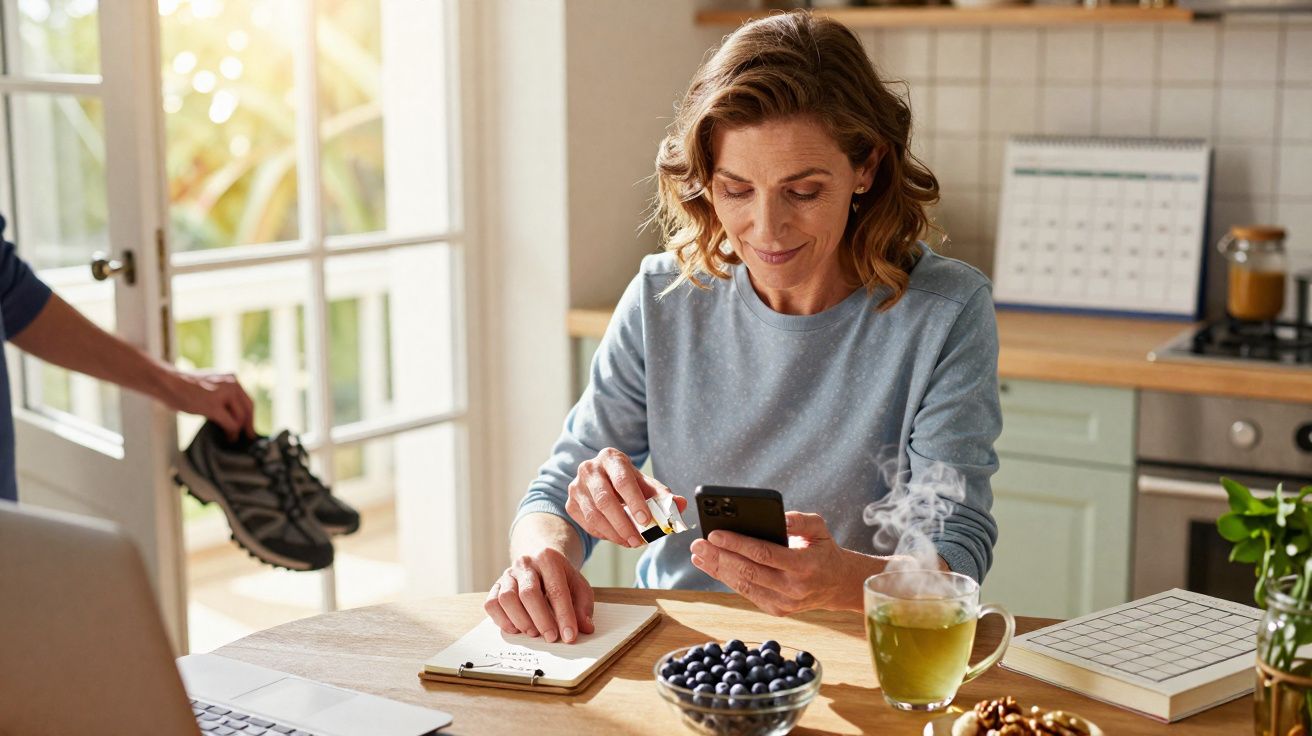 Mulher sentada à mesa, a usar smartphone e gotas, com chá e mirtilos, numa cozinha iluminada.