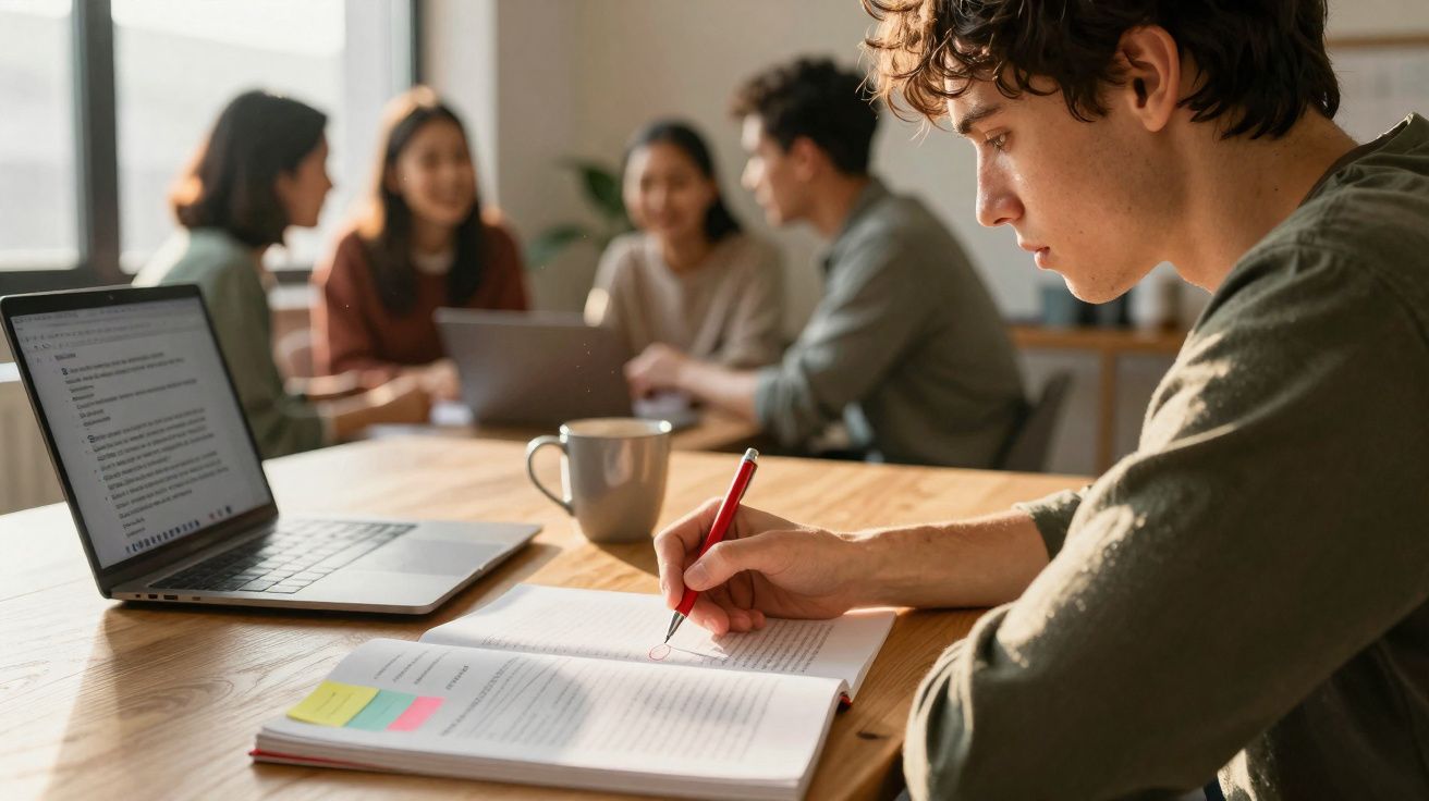 Jovem concentrado a estudar com caderno e portátil, com grupo de colegas ao fundo numa mesa de madeira.