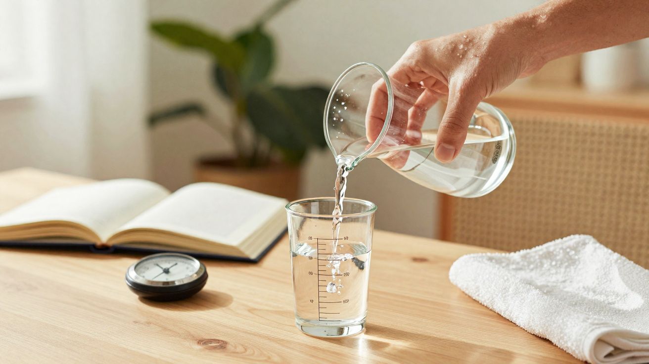 Mão a verter água de um jarro para um copo graduado sobre uma mesa de madeira com livro aberto, relógio e toalha.