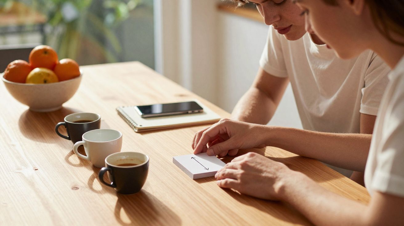 Duas pessoas sentadas à mesa de madeira a repassar notas, com três chávenas de café e uma tigela com laranjas.