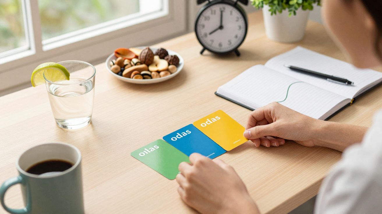 Pessoa sentada à secretária com cartas coloridas, relógio, caderno, caneca, copo de água e prato com frutos secos.