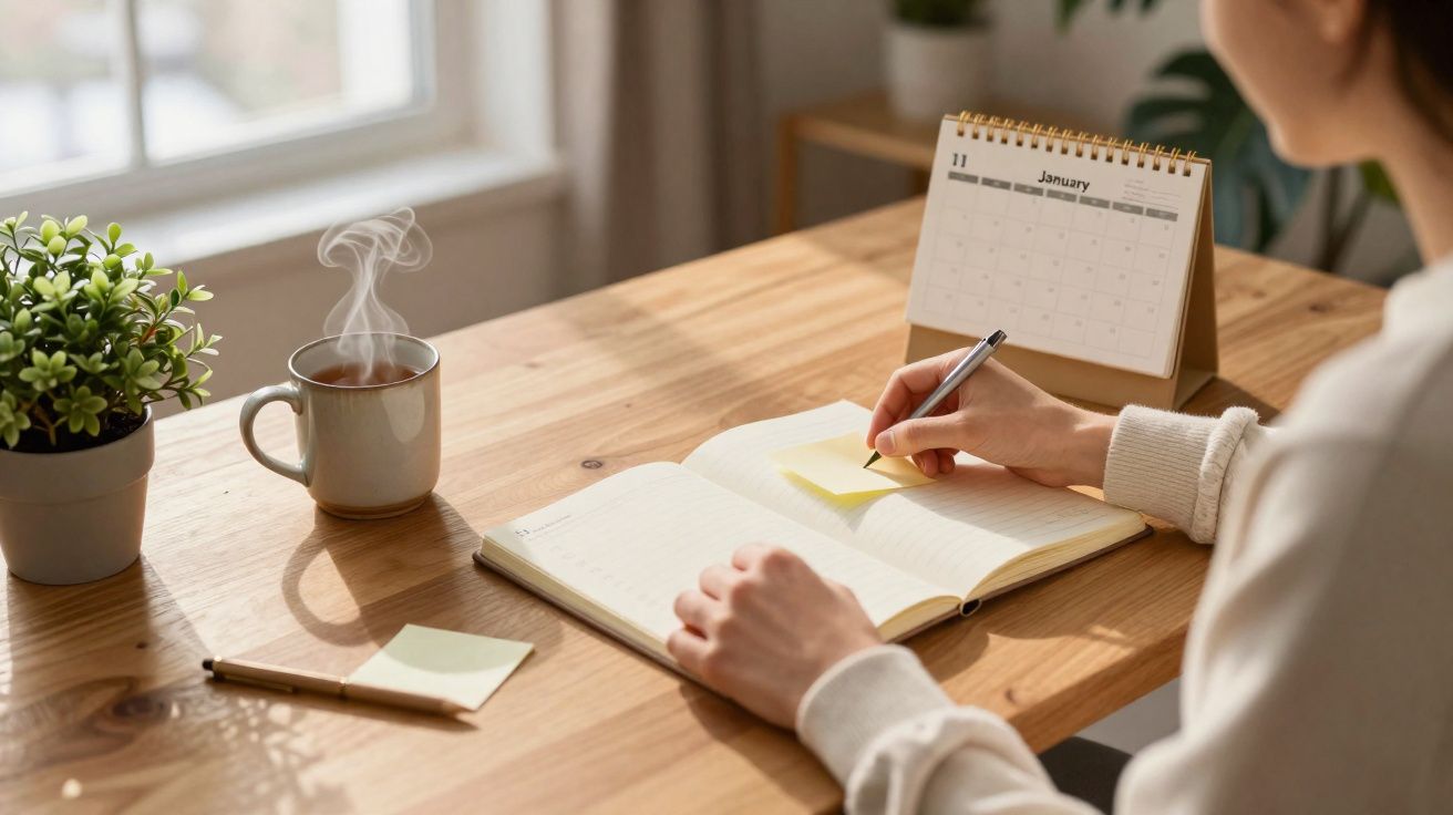 Pessoa a escrever em bloco de notas com caneca de chá fumegante e calendário na secretária de madeira.