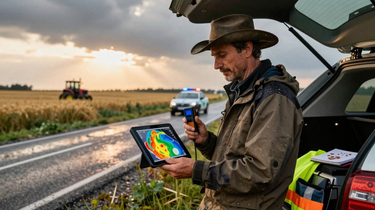 Homem com chapéu utiliza tablet com mapas meteorológicos junto a estrada rural ao pôr do sol.