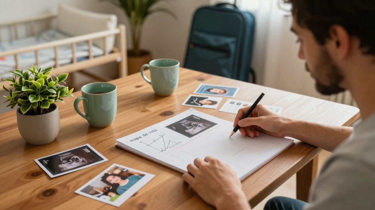 Homem sentado numa mesa a escrever em papel com fotografias e duas canecas verdes.