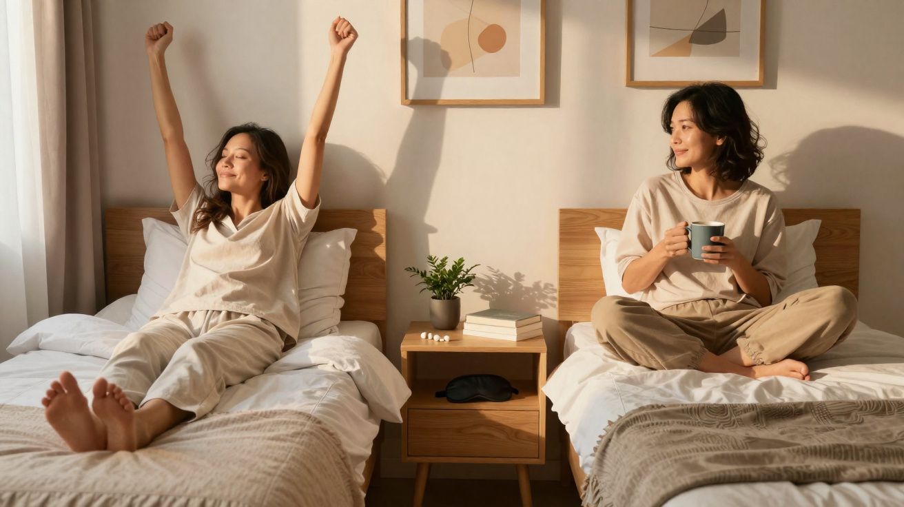 Duas mulheres em camas separadas numa manhã ensolarada, uma espreguiça-se e a outra bebe café.