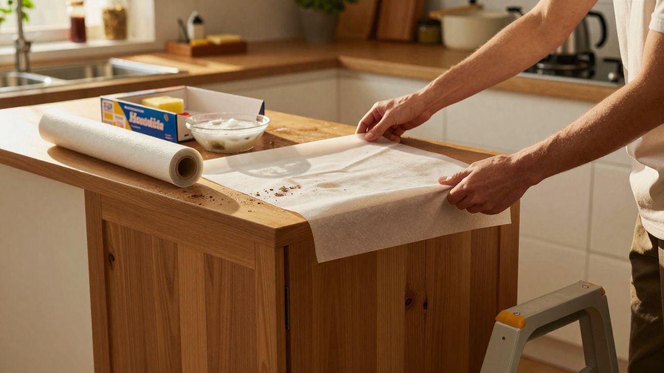 Pessoa estende papel vegetal sobre bancada de madeira numa cozinha iluminada.