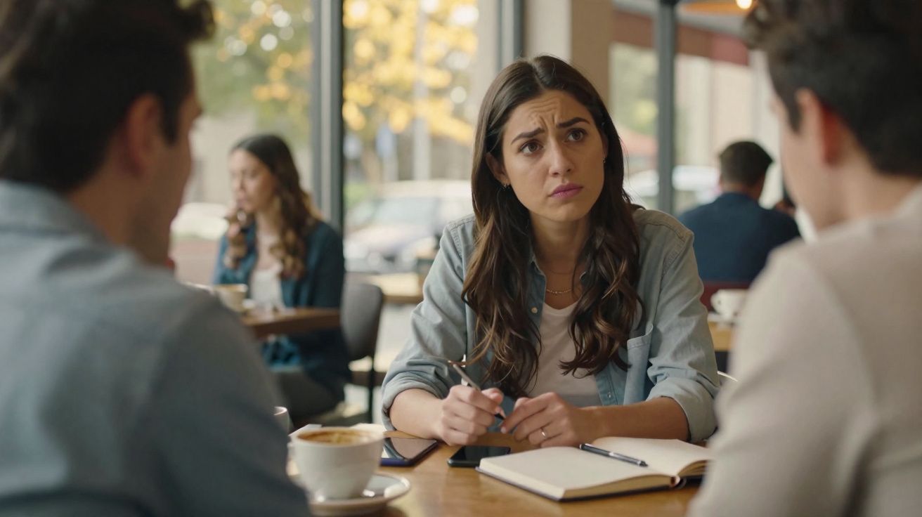 Mulher com expressão preocupada conversa com duas pessoas à mesa num café, com caderno e telemóvel à frente.