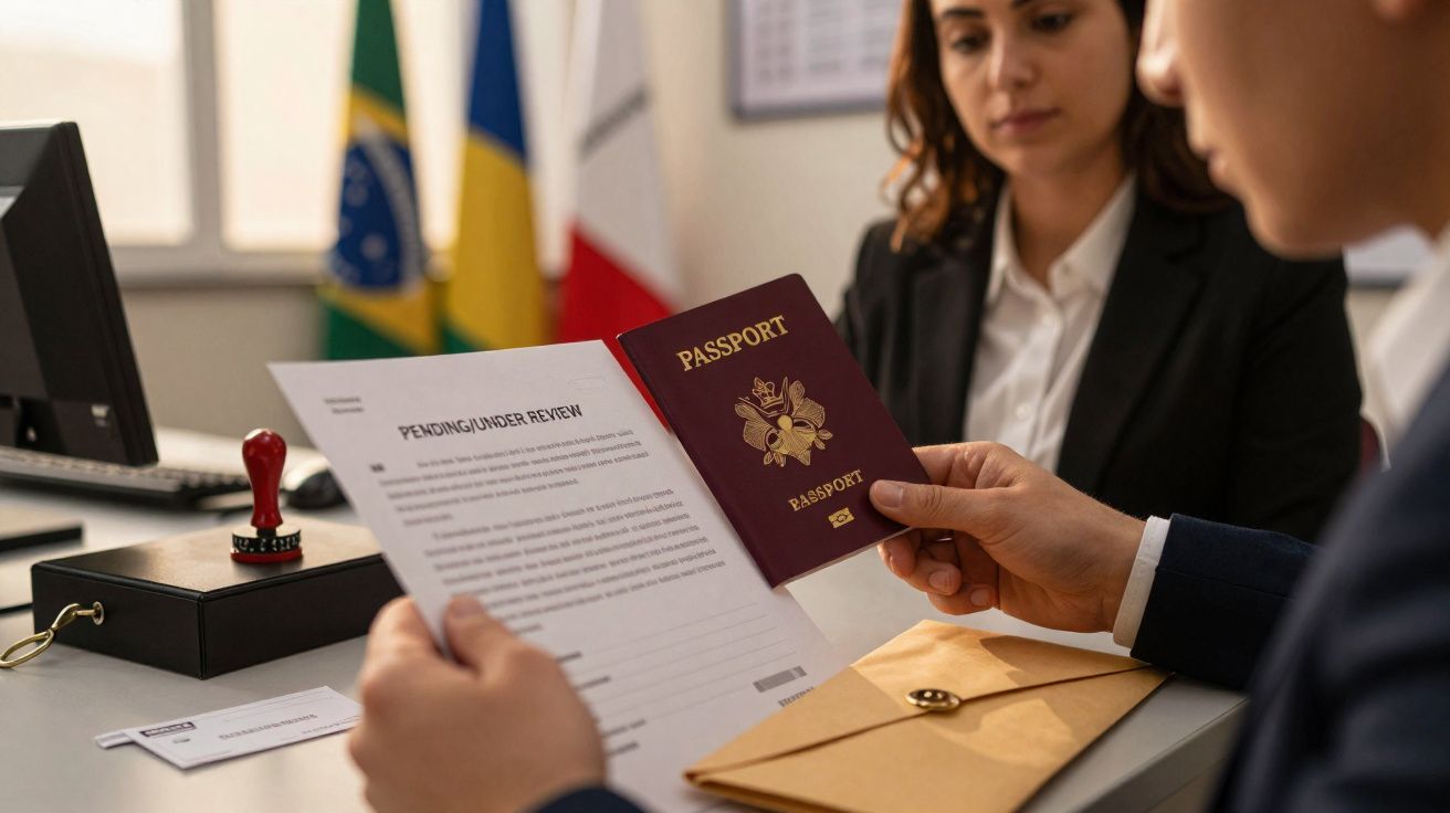 Pessoa a apresentar passaporte e documento para análise numa mesa de atendimento com bandeiras ao fundo.