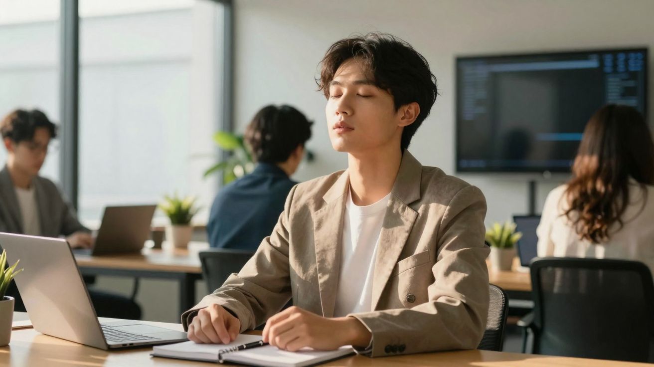 Homem jovem a meditar com olhos fechados numa mesa de escritório com computador portátil e colegas ao fundo.