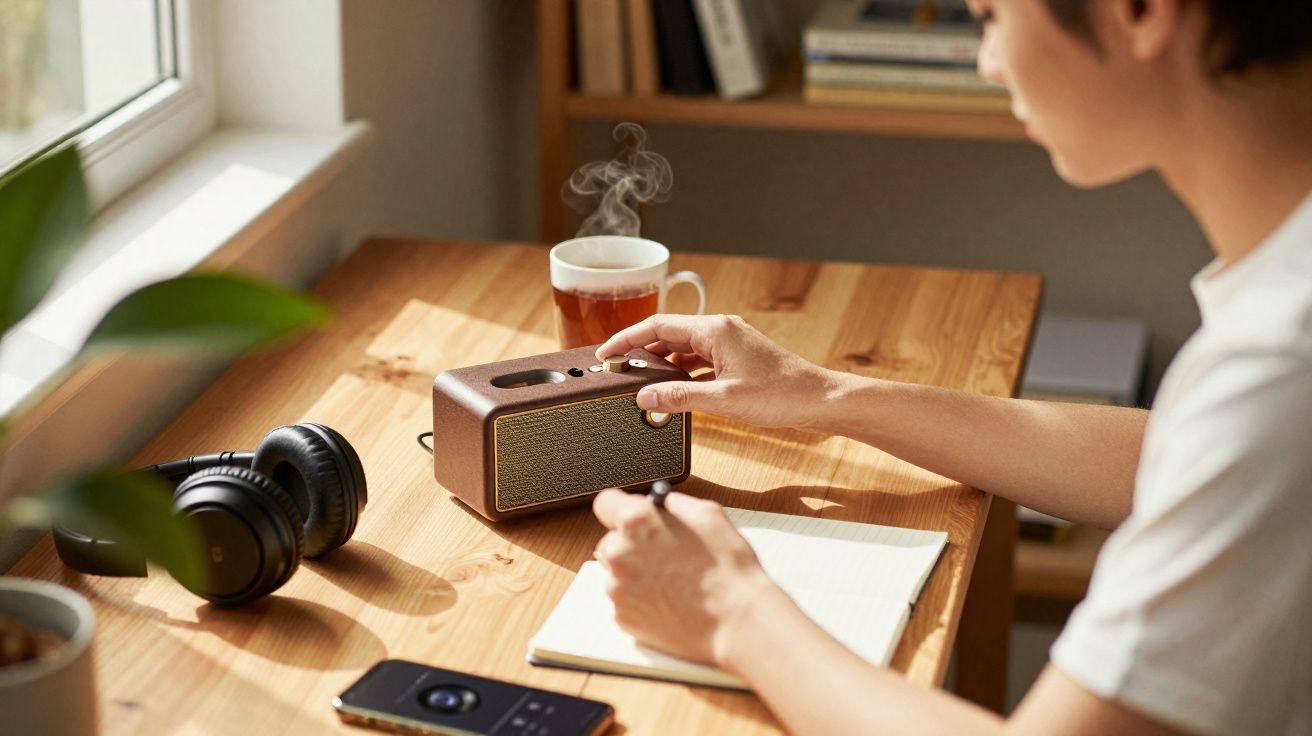 Pessoa ajusta rádio numa mesa com chá, caderno, auscultadores e telemóvel perto de janela iluminada.