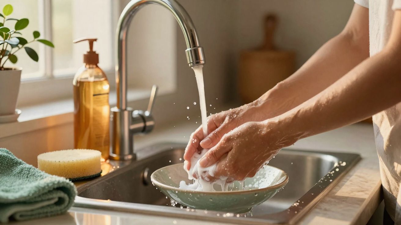 Mãos a lavar um prato com água e sabão numa pia de cozinha iluminada por luz natural.