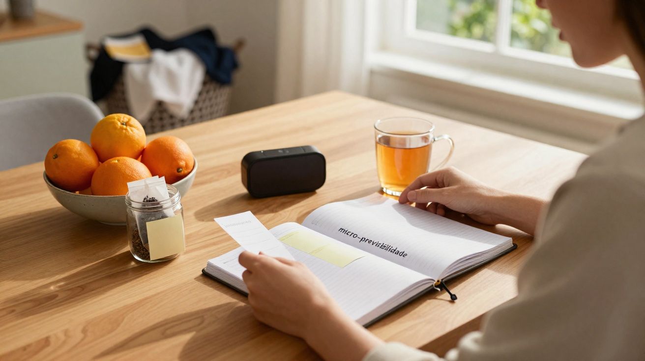 Pessoa a estudar com chá numa mesa com cesto de laranjas, caixa de som e frasco de chá.
