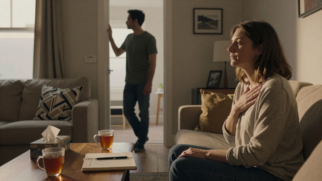 Mulher sentada no sofá com mão no peito, homem de pé junto à porta, sala com chá e bloco de notas à mesa.