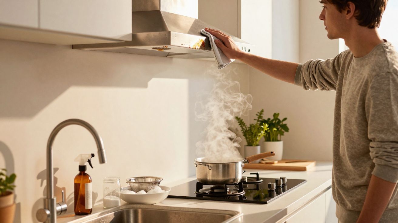 Pessoa a limpar a coifa da cozinha enquanto uma panela a ferver liberta vapor no fogão.