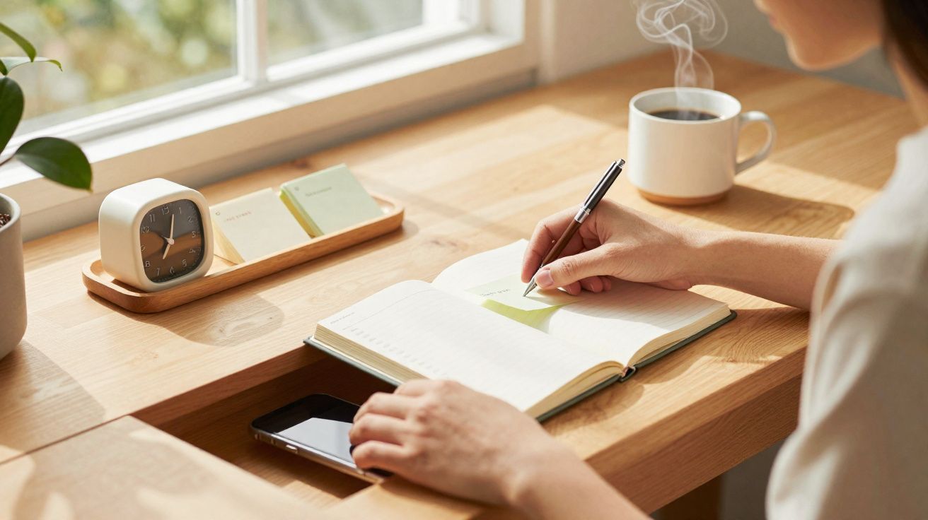 Pessoa a escrever numa agenda com caneta, perto de um telemóvel, relógio e chá quente numa mesa de madeira.