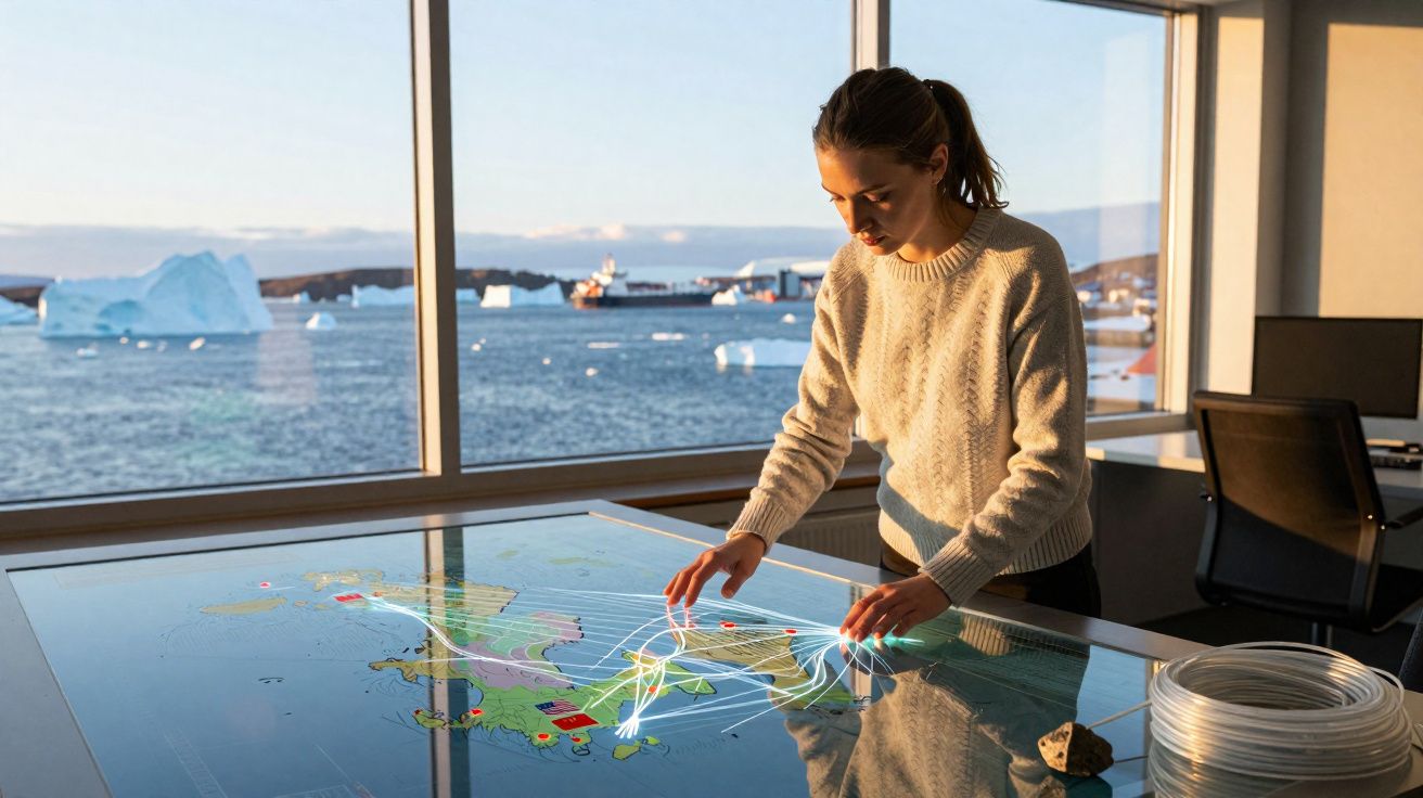 Mulher a analisar rede de dados interativa num ambiente com vista para o mar e icebergs.