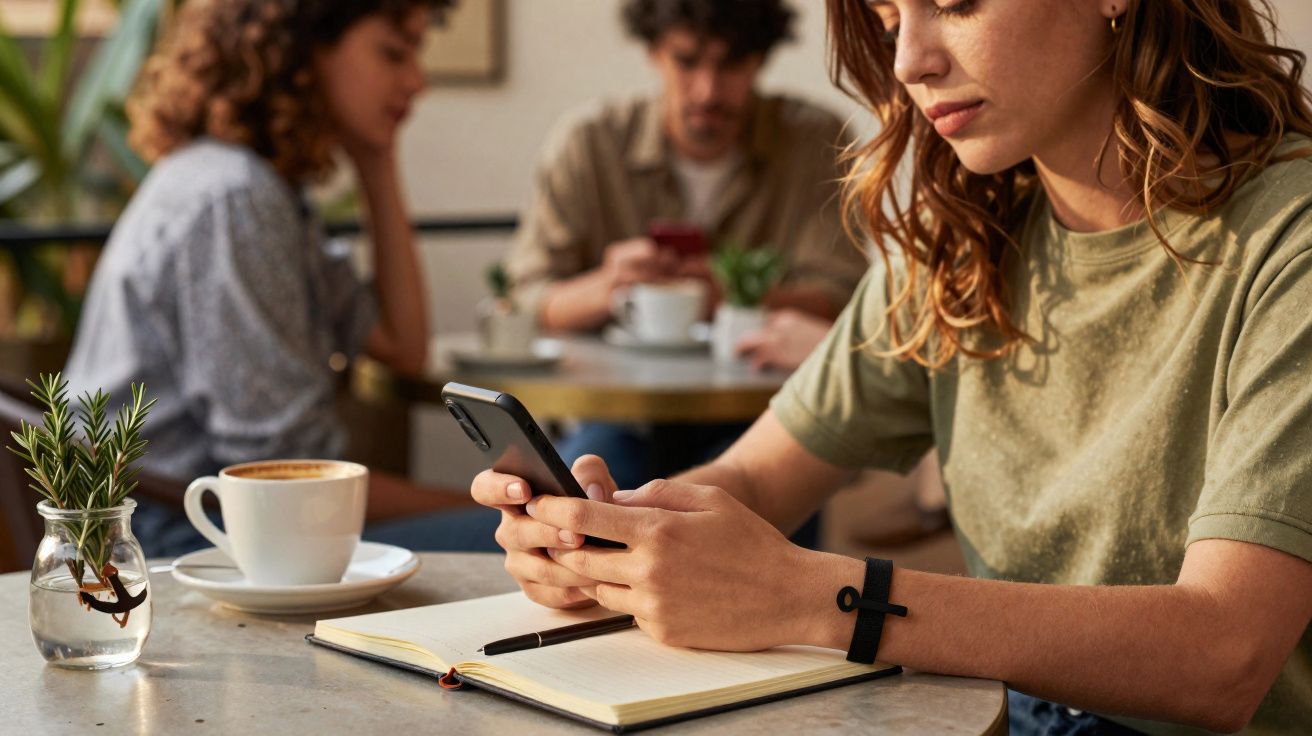 Pessoa sentada numa mesa de café a usar telemóvel com caderno aberto e chávena de café ao lado.