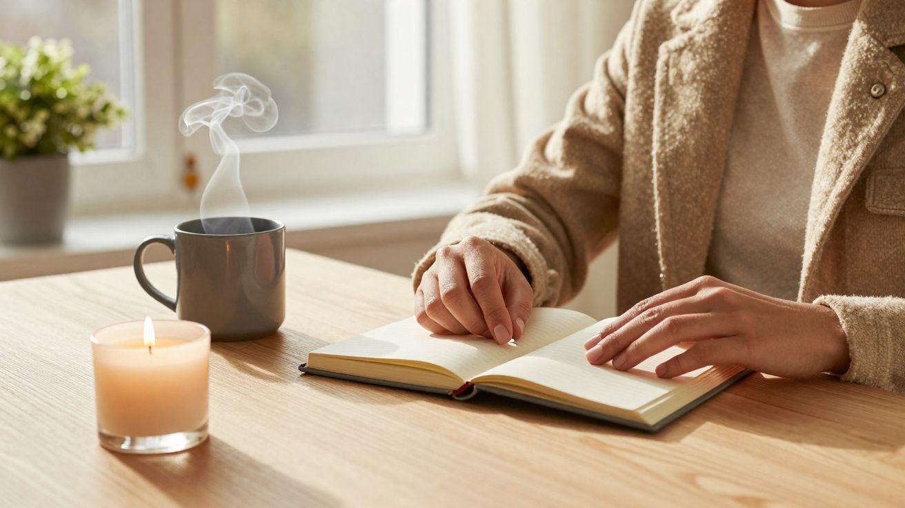 Pessoa a ler livro num ambiente calmo com vela acesa e chá quente numa caneca sobre a mesa de madeira clara.