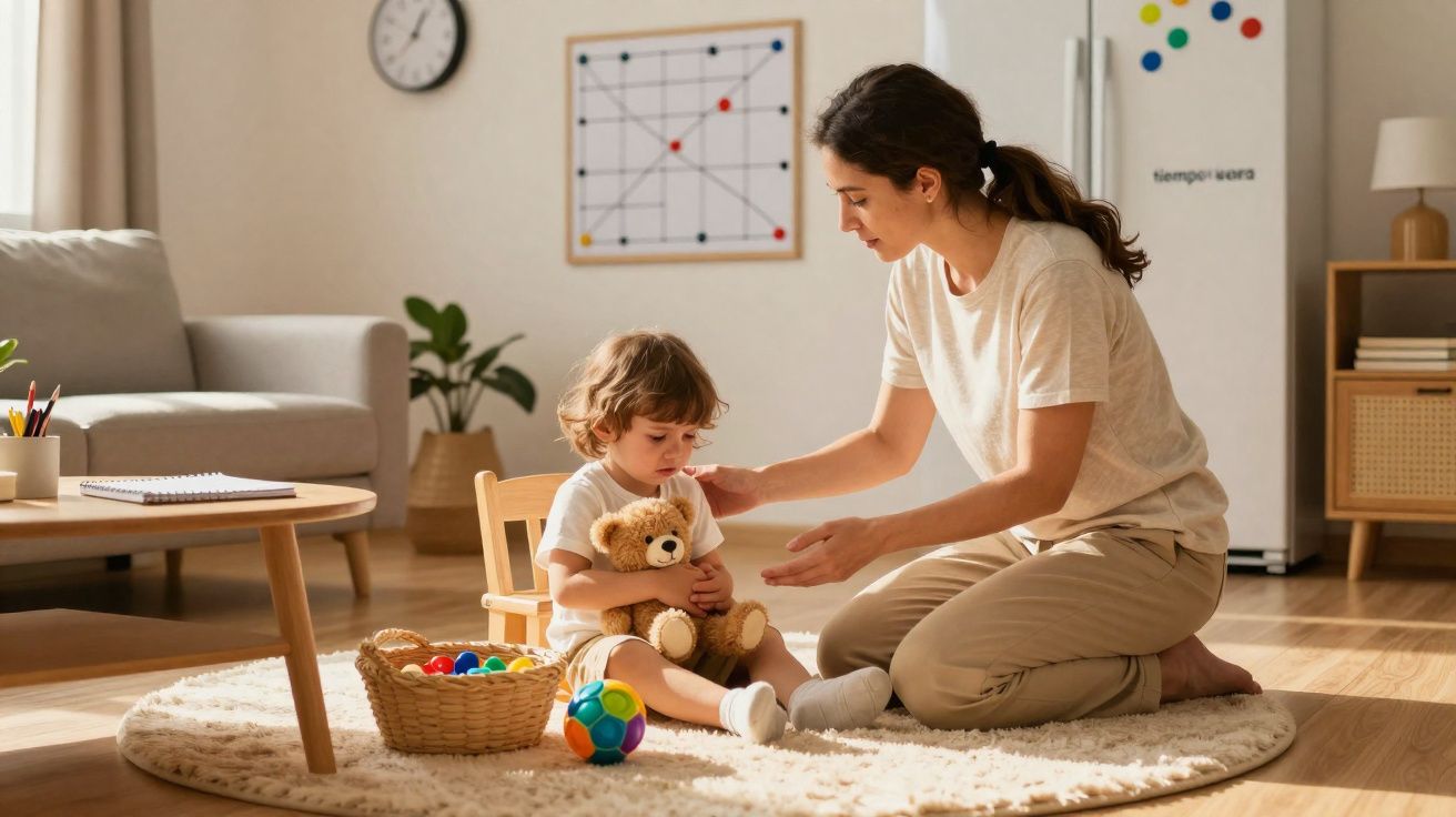 Criança sentada no tapete abraçando um ursinho, com mulher ajoelhada a seu lado a confortá-la.