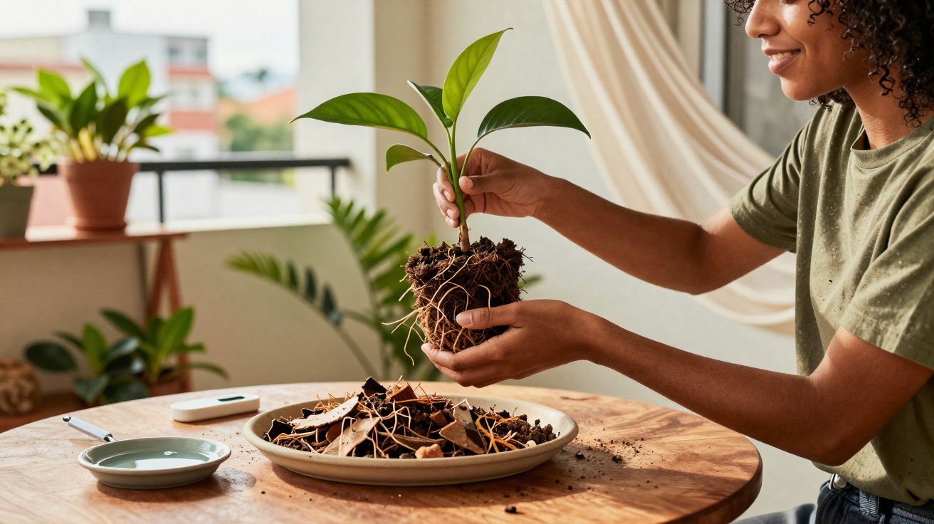 Pessoa a transplantar muda de planta em ambiente interior luminoso, com várias plantas ao fundo.