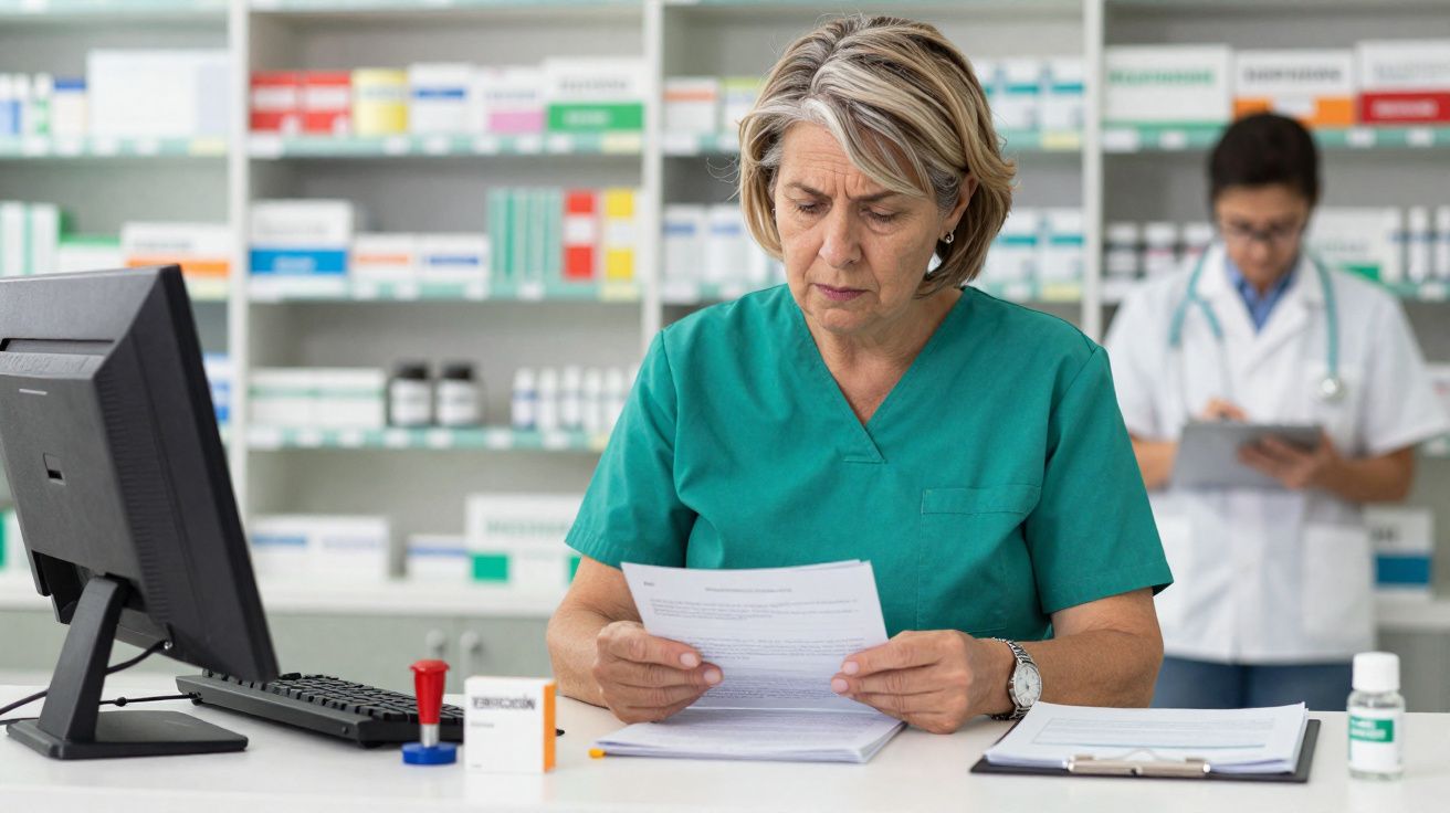 Profissional de saúde a analisar documentos numa farmácia, com medicamentos organizados ao fundo.