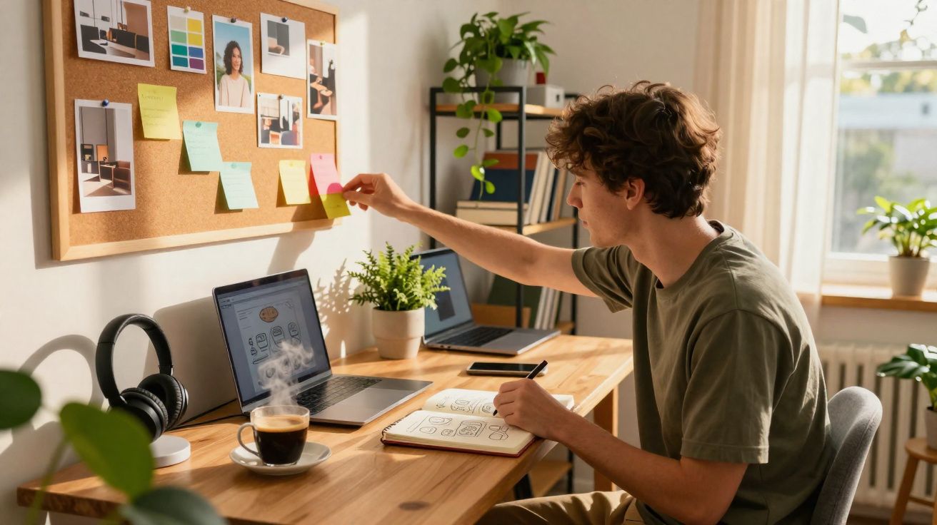 Jovem a trabalhar em escritório caseiro, a colocar notas num quadro, com portátil, caderno e café na secretária.