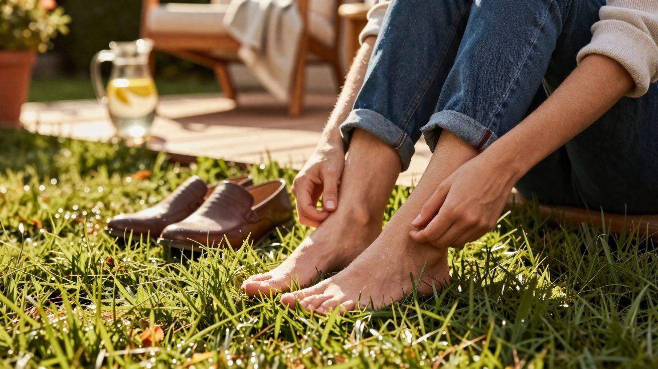 Pessoa sentada na relva, tirando umas meias, com sapatos castanhos ao lado num dia soalheiro.