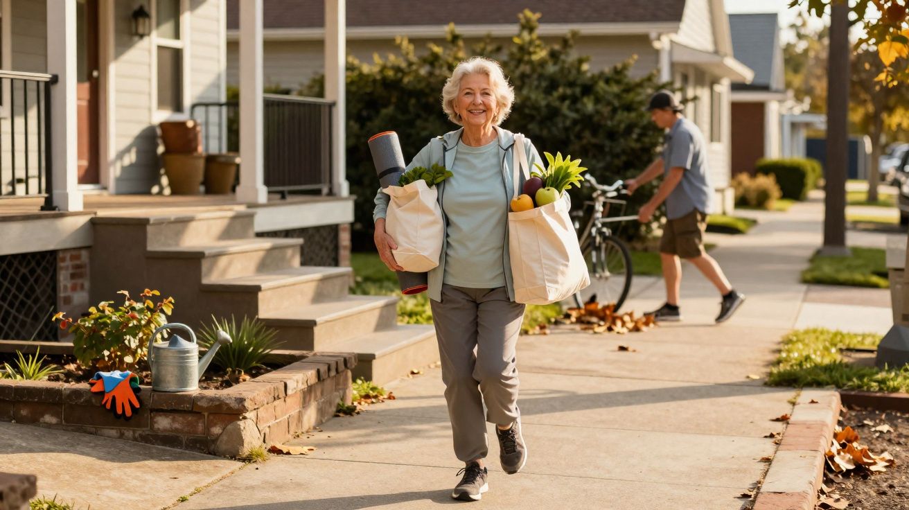 Mulher sénior sorridente a caminhar com sacos de compras perto de uma casa dourada numa rua residencial.