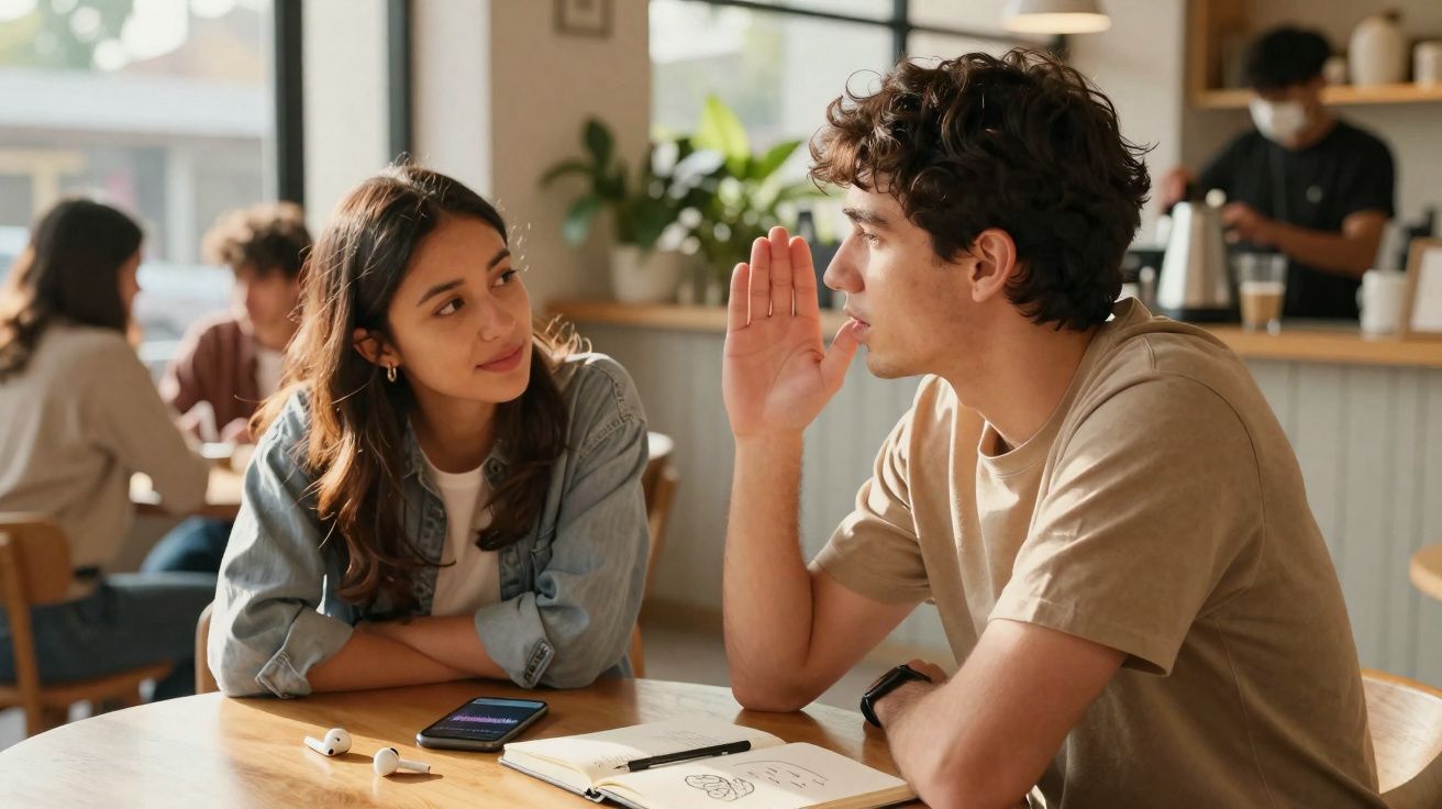 Jovem casal conversa sentado à mesa com caderno aberto e auriculares num café iluminado.