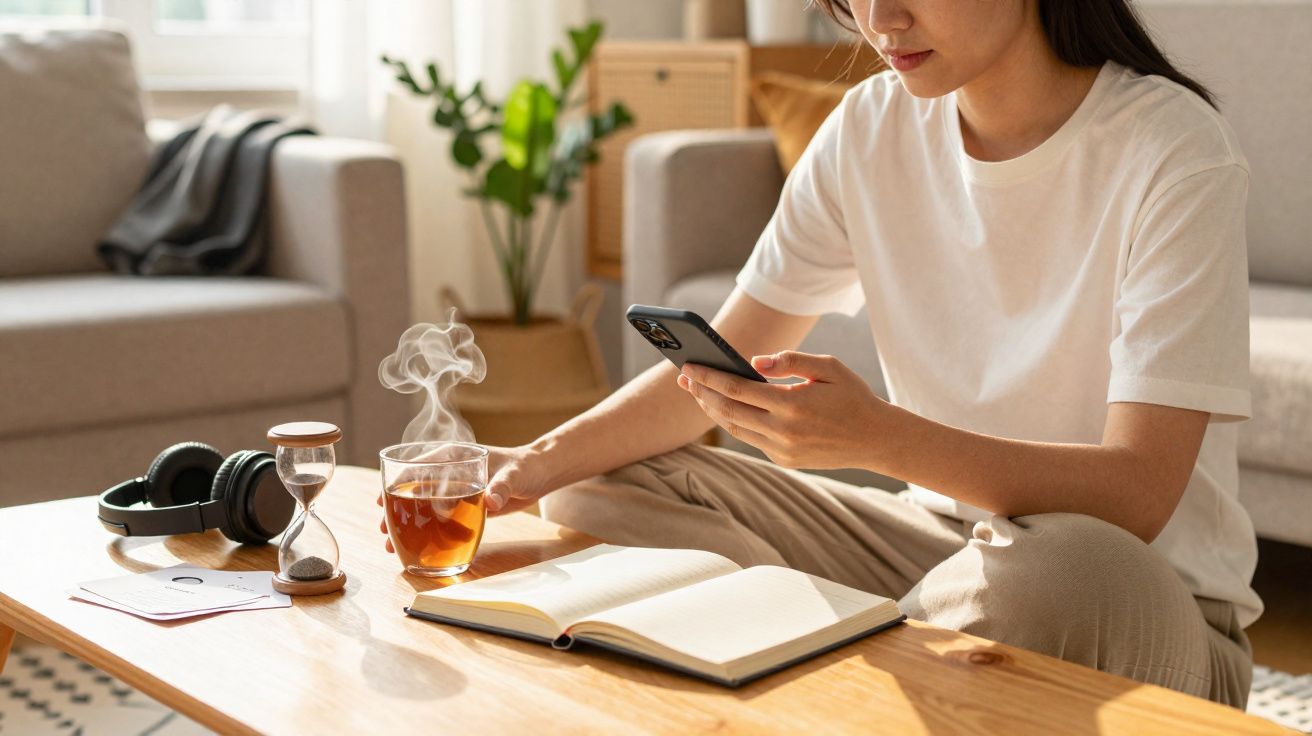 Mulher sentada no chão, a usar telemóvel, com chá quente, livro aberto e ampulheta numa mesa de madeira.