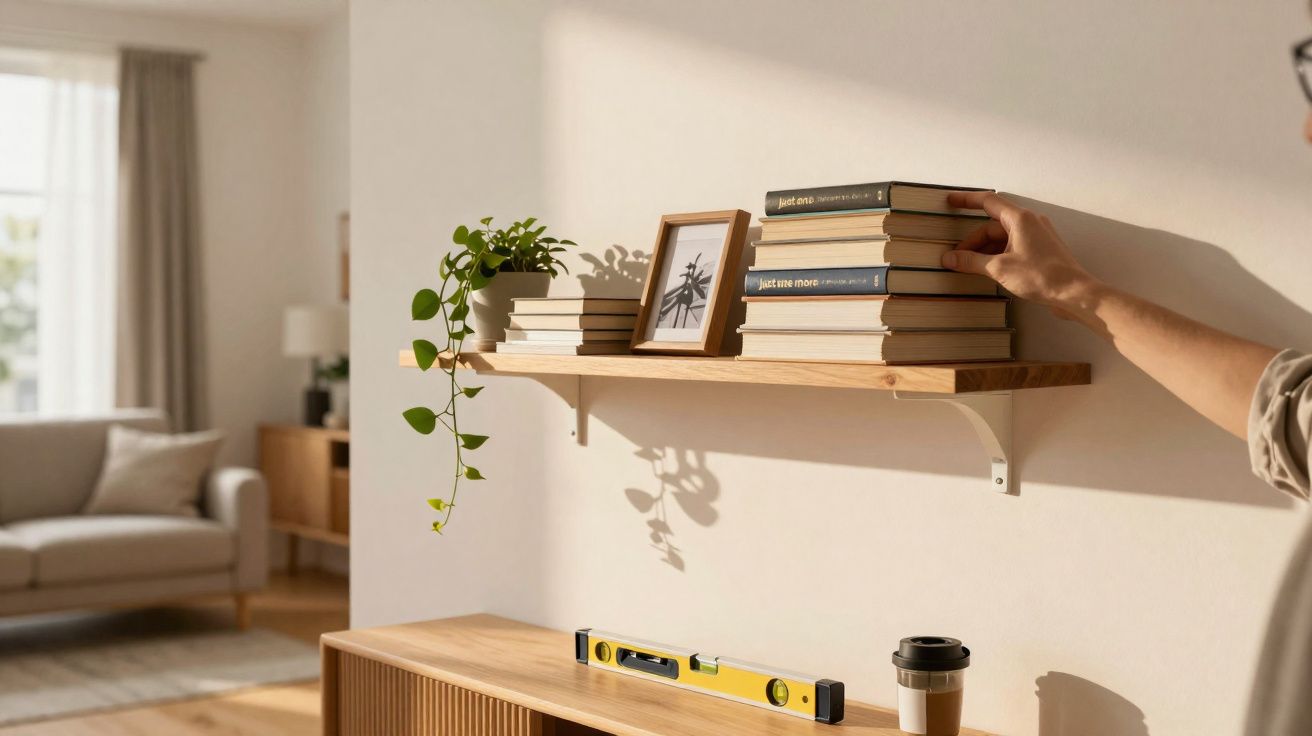 Prateleira de madeira montada na parede com livros, planta, fotografia e mão a arrumar livros.