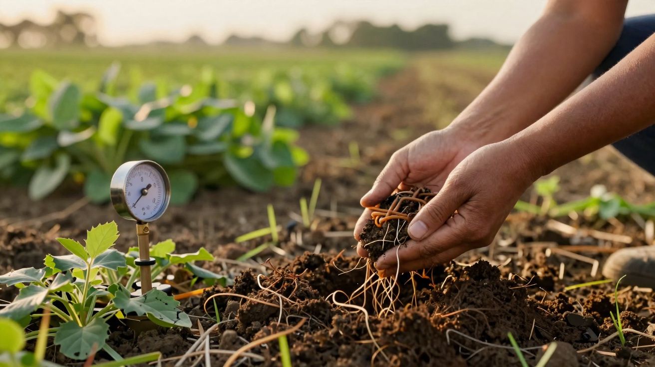 Mãos seguram terra com raízes em solo agrícola perto de plantas jovens e instrumento de medição no campo.