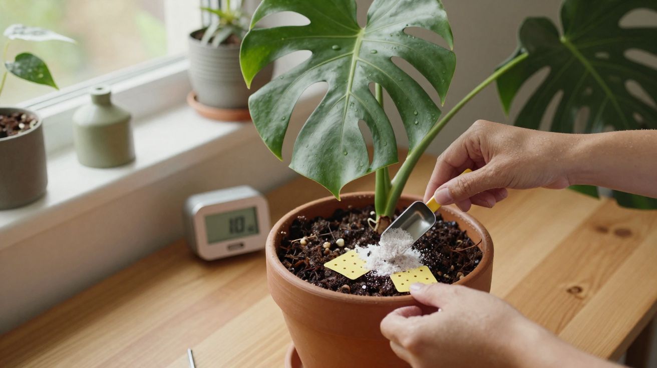 Pessoa a tratar planta monstera em vaso de barro com pequenas armadilhas adesivas amarelas na terra.
