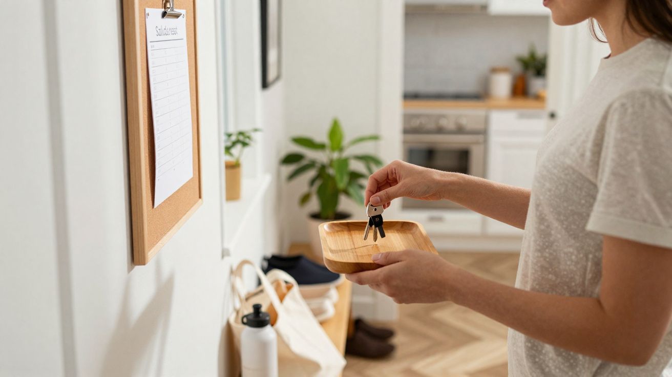 Pessoa a guardar chaves numa tacinha de madeira numa entrada de casa organizada.