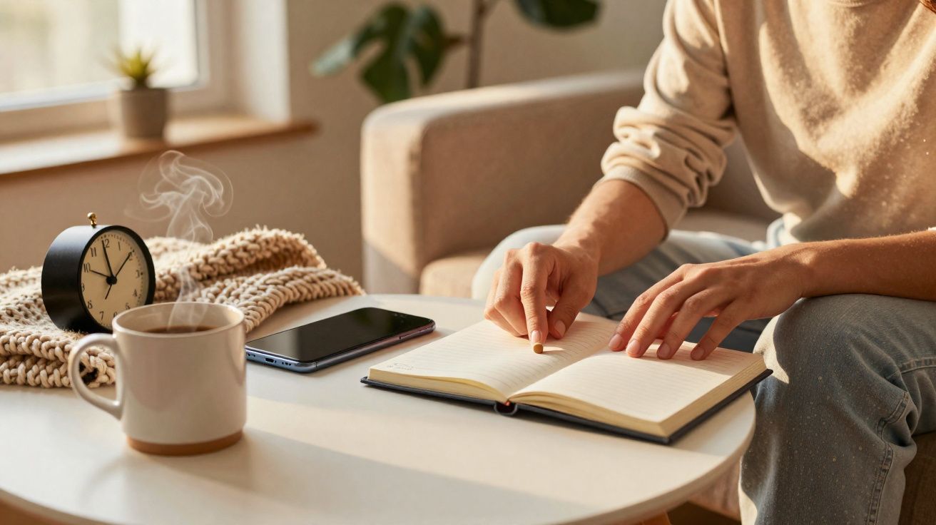 Pessoa a escrever num caderno com uma caneca de chá quente, telemóvel e relógio numa mesa branca numa sala acolhedora.