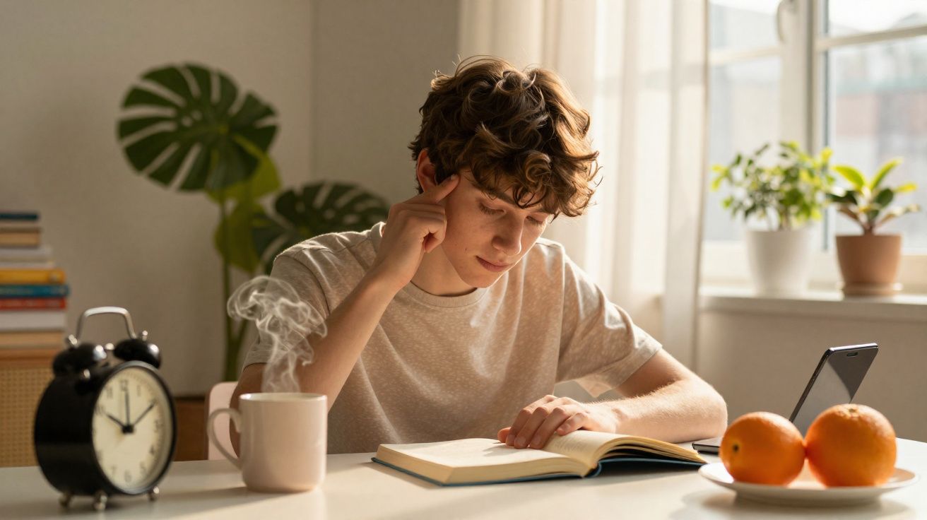 Jovem sentado a ler um livro à mesa com chá, frutas, relógio e luz natural a entrar pela janela.