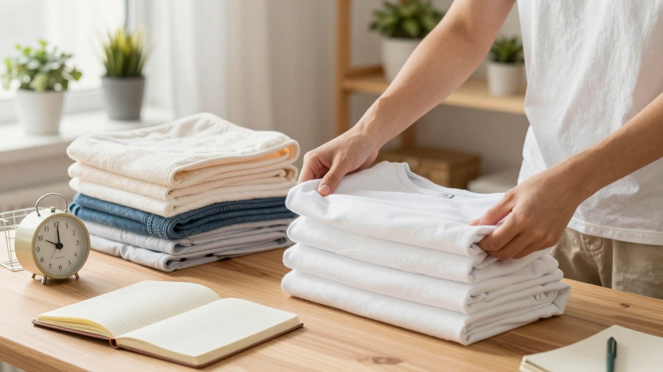Pessoa a organizar camisolas brancas dobradas numa mesa com pilhas de roupa, caderno aberto e relógio amarelo.