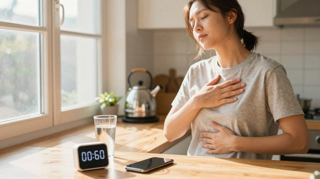 Mulher em pé na cozinha, com expressão de desconforto, segurando o peito e a barriga.
