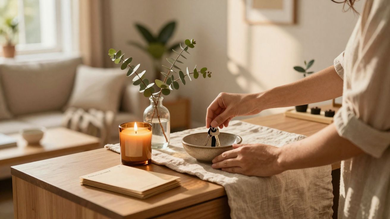 Pessoa a colocar chaves numa taça sobre uma mesa de madeira com vela acesa e plantas decorativas.