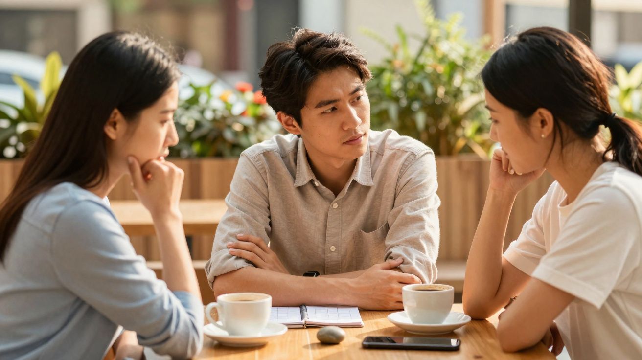 Três pessoas sentadas à mesa numa cafetaria a conversar com várias bebidas quentes à sua frente.